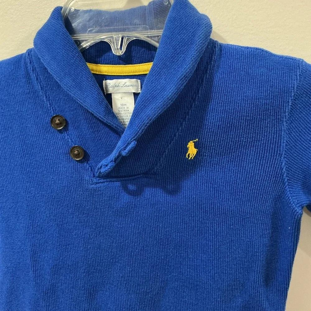 Ralph Lauren Baby Boys Cotton Shawl Collar Sweater Size 18M Blue‎ Yellow Pony